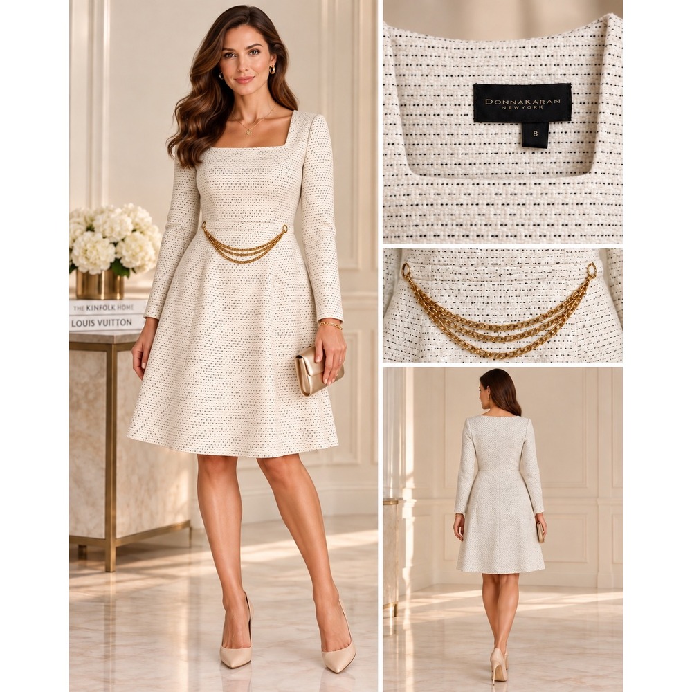 Donna Karan New York Tweed Square Neck Chain Waist Dress White Black Size 8